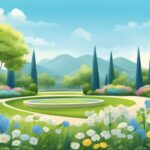Colorful illustrated garden with flowers and mountains.