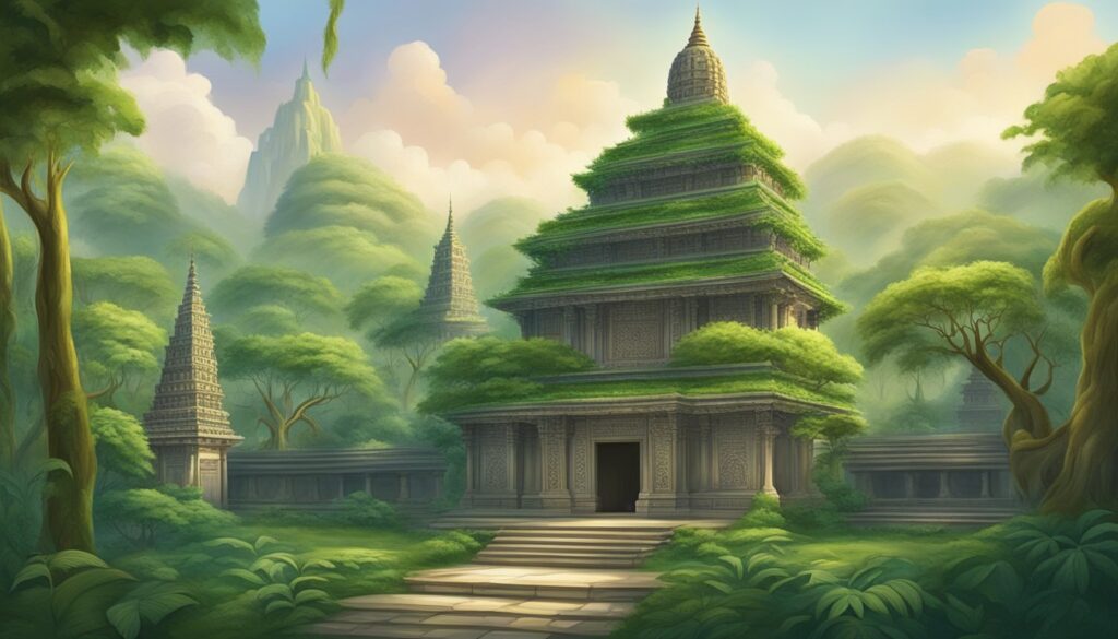 Enchanted forest with ancient green-roofed temple.