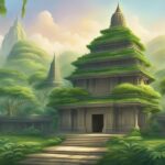 Enchanted forest with ancient green-roofed temple.