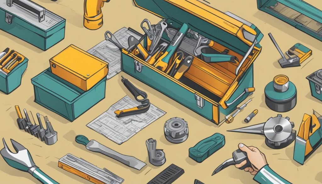 Illustration of assorted tools and open toolboxes.