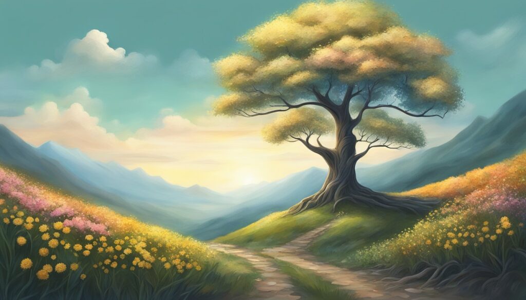 Sunny mountain landscape with tree and flower path.