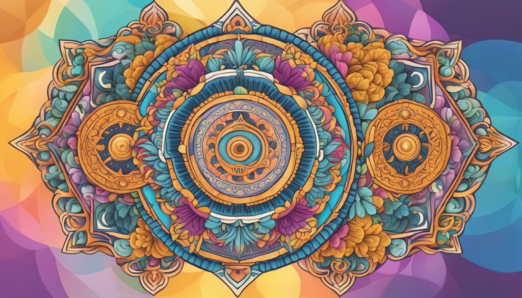 Colorful mandala illustration with floral patterns.