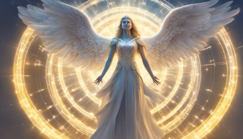 Angelic figure with radiant wings and golden light.