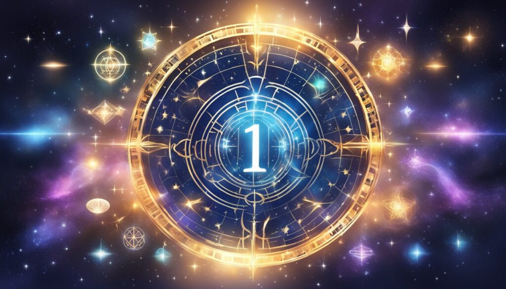 Mystical astrology chart with cosmic background and number one.