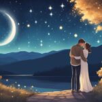 Couple embracing under starry night sky by lake.