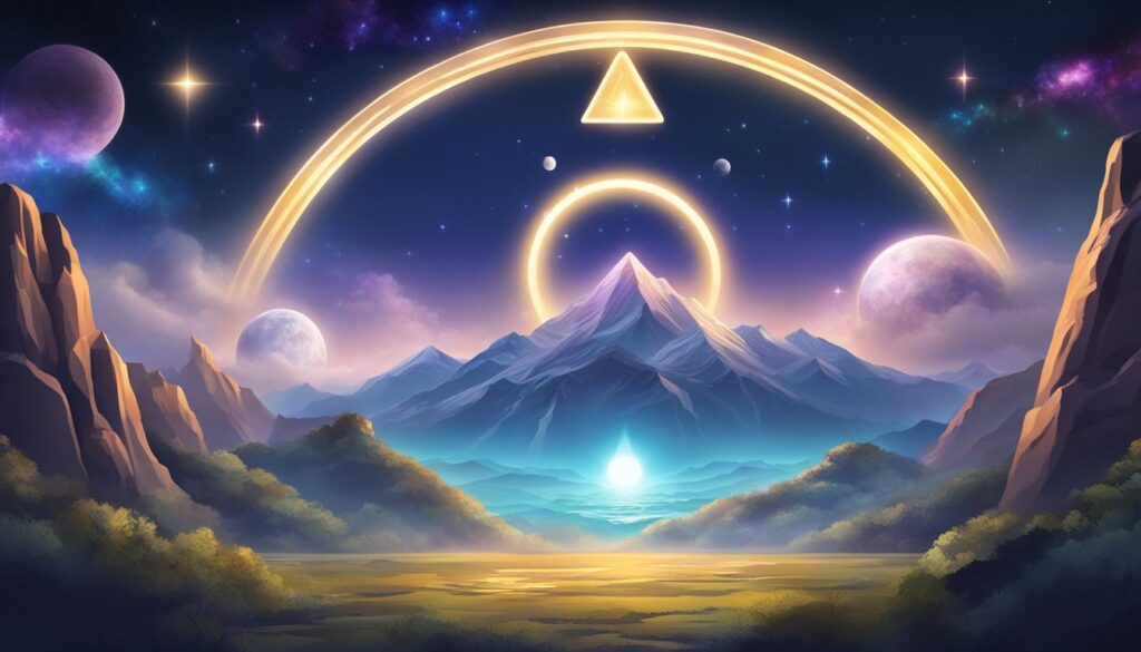 Mystical mountain landscape with glowing celestial rings.