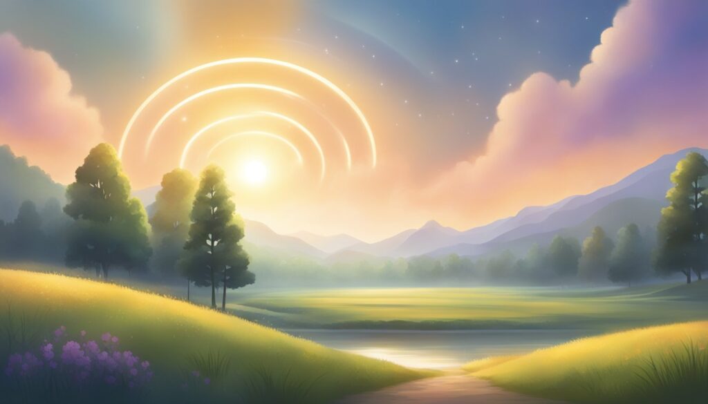 Sunrise over serene mountain landscape with glowing rings.