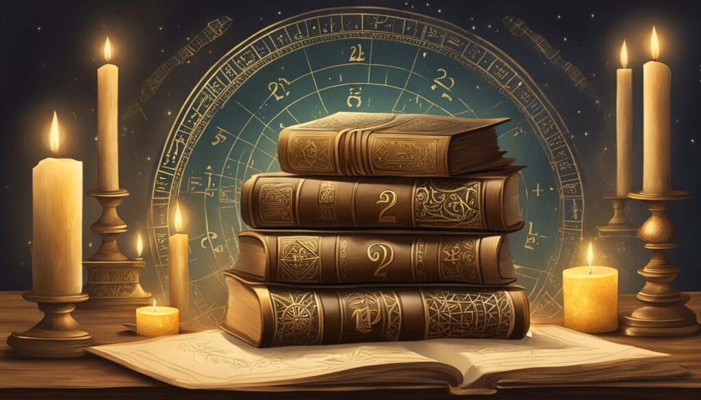 Mystical books, candles, and astrological zodiac background.