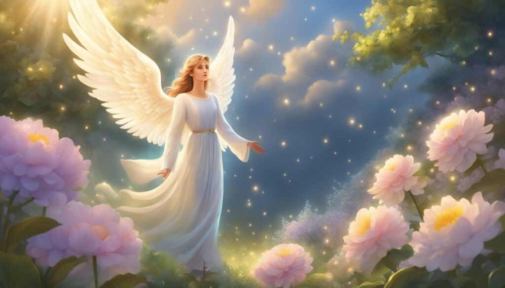 Illustration of an angelic figure among flowers and light.