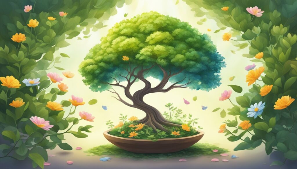 Illustrated vibrant tree in a bowl with colorful flowers.