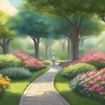 Illustration of tranquil garden pathway with blooming flowers.