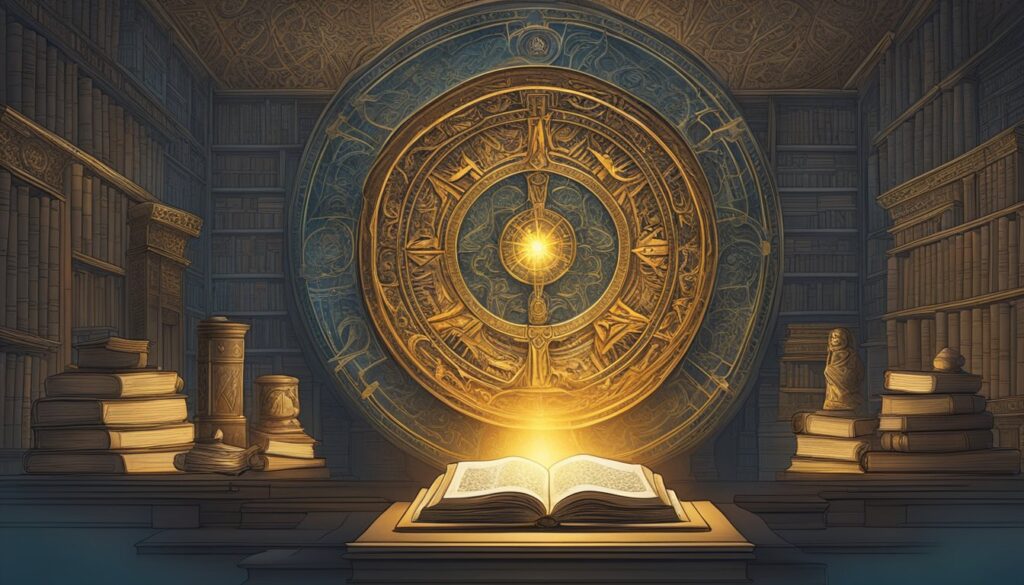 Mystical library with golden astrolabe and open book.