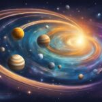 Artistic depiction of solar system planets and swirling galaxy.