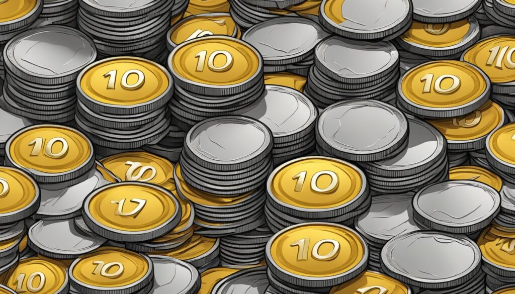 Stacks of golden coins with number 10 on top.