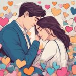 Illustration of couple embracing among colorful hearts.