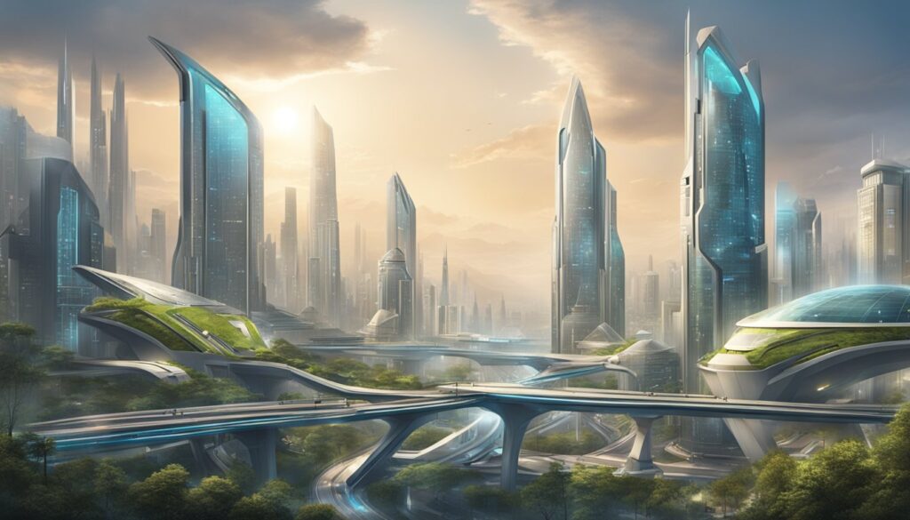 Futuristic cityscape with skyscrapers and lush green elevated trains.