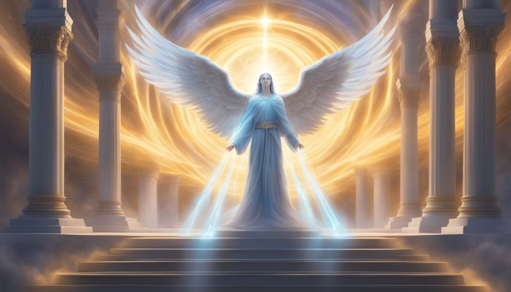 Angelic figure with wings in glowing heavenly temple.