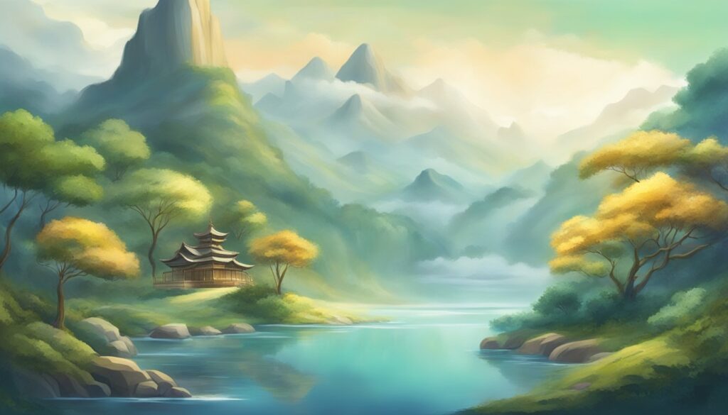 Serene mountain landscape with temple and misty lake.