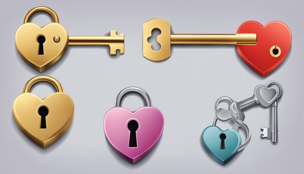 Colorful heart-shaped locks and keys illustration.