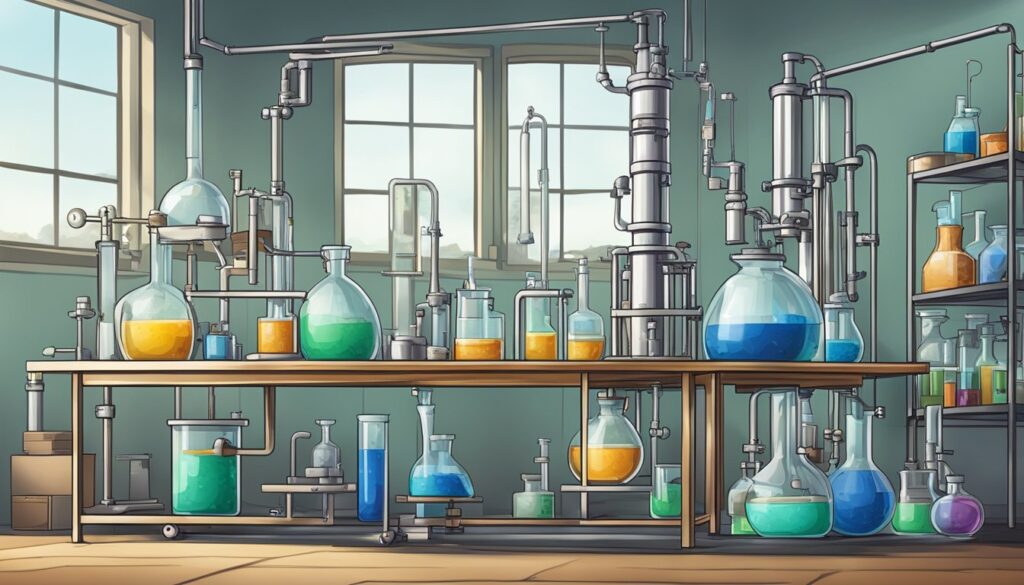 Colorful chemistry lab with glassware and distillation setup.
