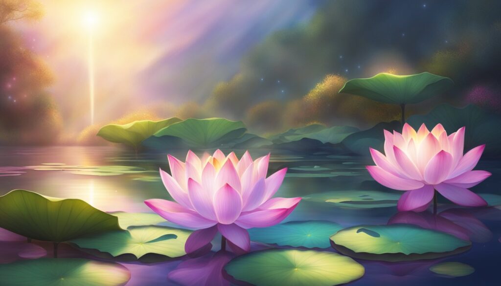 Vibrant lotus flowers on tranquil lake at sunset.