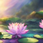 Vibrant lotus flowers on tranquil lake at sunset.