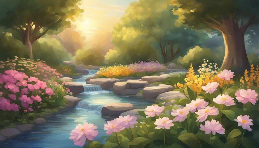 Serene floral landscape with stream at sunset painting.