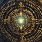 Intricate golden celestial zodiac and astrology symbols design.