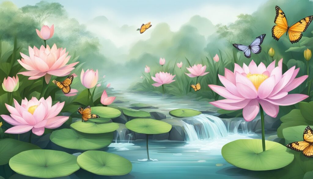 Lotus flowers and butterflies near a tranquil waterfall.