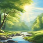Sunny forest landscape with stream and lush greenery.