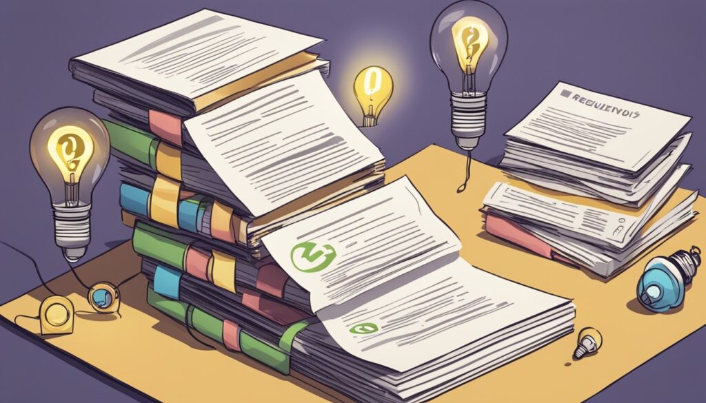 Stack of books and papers with lightbulb ideas.