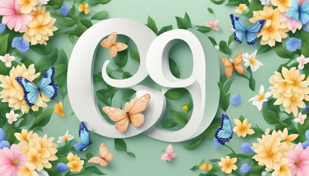 Floral number 69 with butterflies illustration.