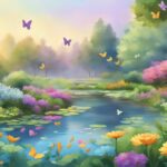 Colorful garden with butterflies and a serene river.