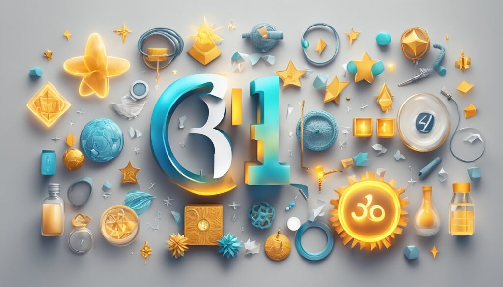 3D objects and numbers with vibrant colors on gray background.