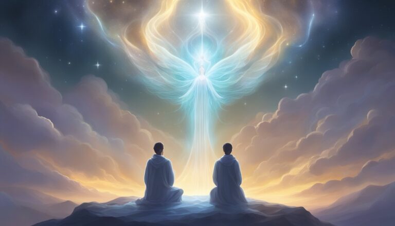 Meditating figures, celestial angel, cosmic energy, mystical art.