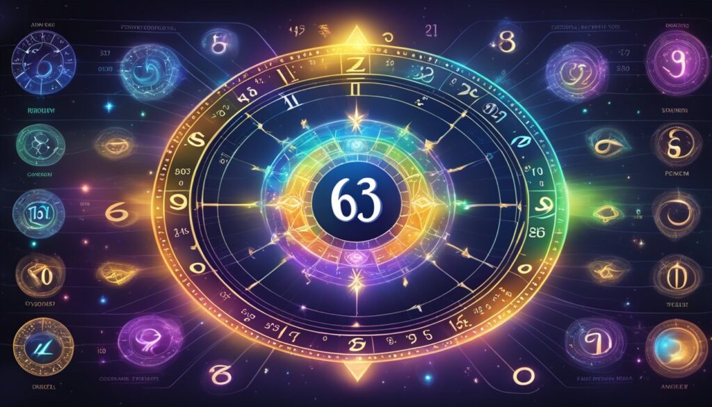 Colorful abstract zodiac and numerology chart with number 63.