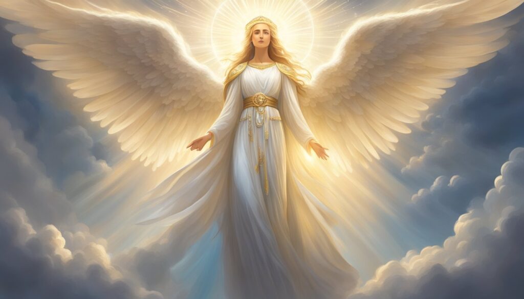 Illustration of an angel with radiant wings and halo