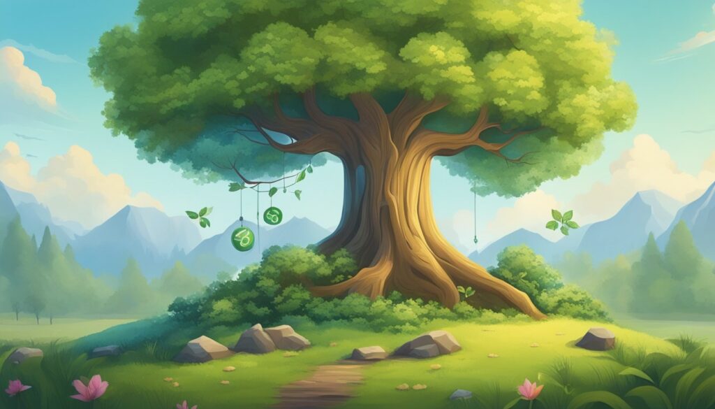 Illustrated majestic tree in serene fantasy landscape.