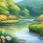 Idyllic river with colorful flowers and lush greenery.