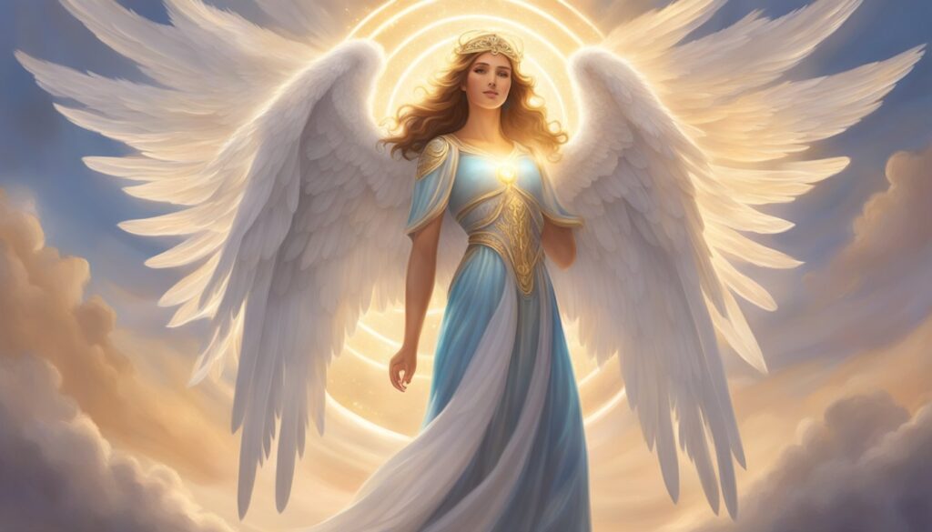 Illuminated angelic figure with wings against sky background.