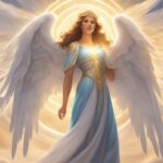 Illuminated angelic figure with wings against sky background.