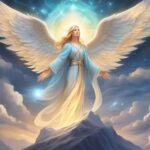 Angel with wings over mountains and stars