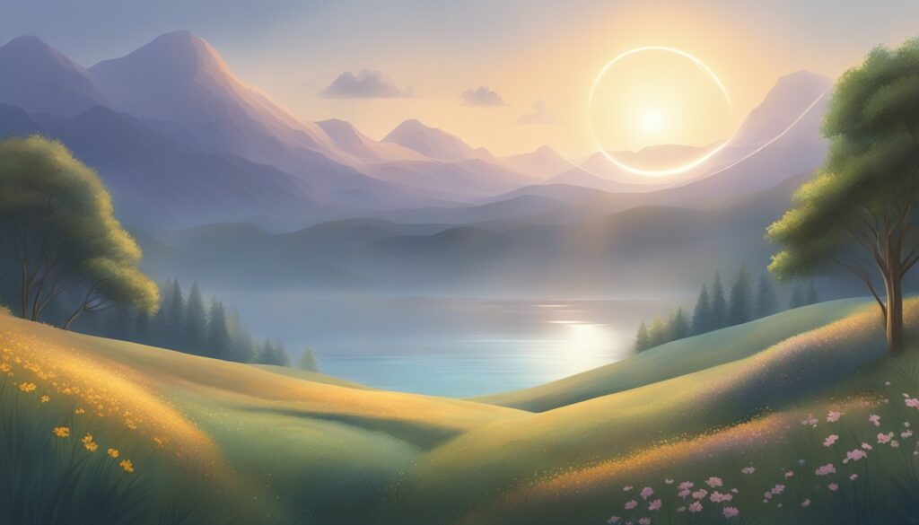 Serene sunrise over mountainous lakeside landscape.