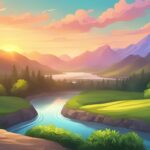 Sunrise over serene mountain valley with river