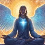 Illustration of angel meditating with radiant wings.