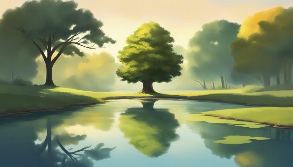 Serene landscape with tree reflection on water.