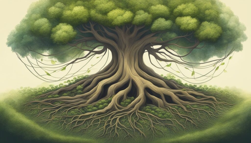 Illustration of majestic tree with extensive roots system