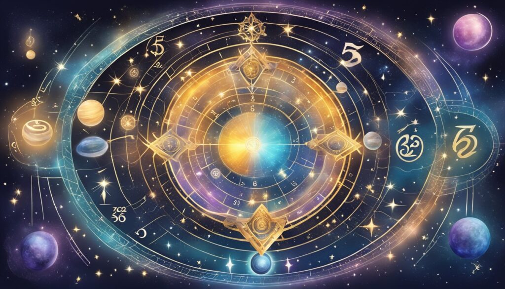 Astrological symbols with planets and zodiac constellations.