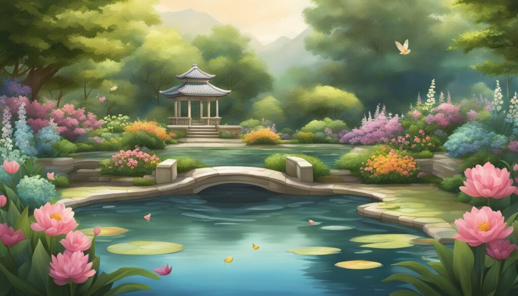 Serene garden with gazebo, bridge, and blooming flowers