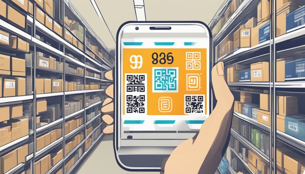 Scanning QR code on phone in warehouse inventory aisle.